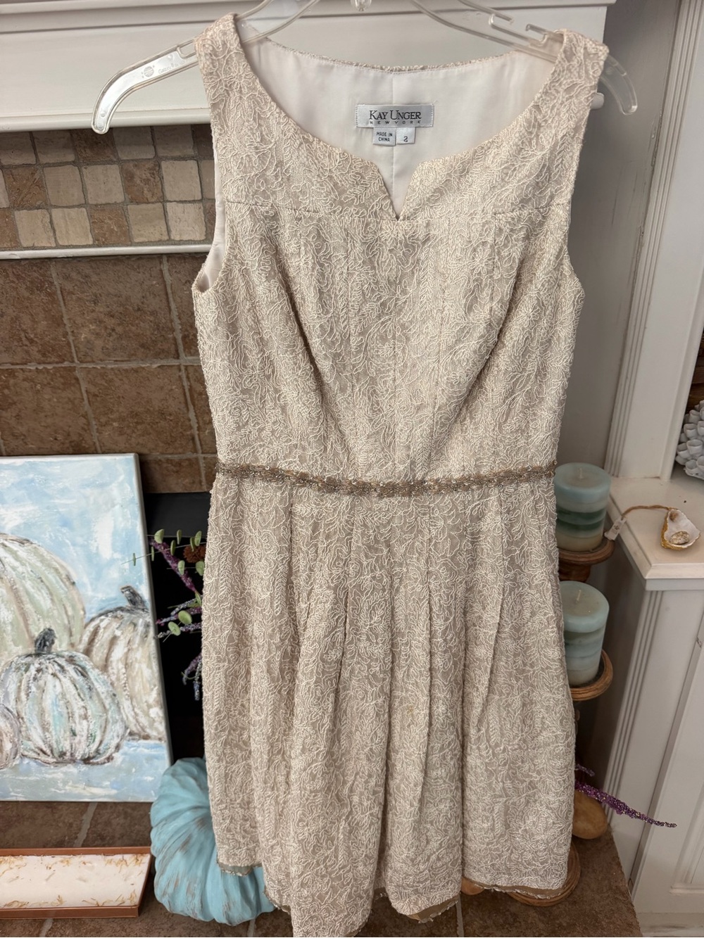 Kay Unger Dress 8 Metallic Gold/ivory Beaded Formal sleeveless dress elegant 2